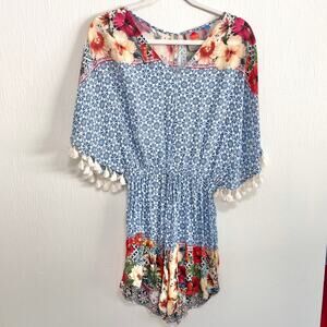 Farm Rio Womens Carmen Romper XS Blue Floral Tassel Boho Beach Hawaiian Casual